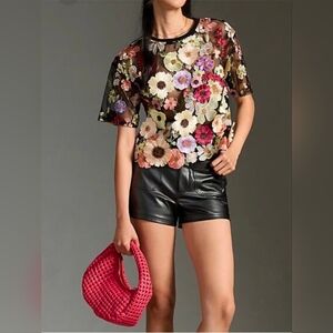 Anthropologie Dolan Black Floral Top with Multicolor Appliqued Flowers